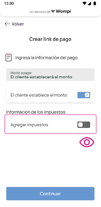 Pantalla para agregar impuestos en link de pagos en Pantalla de opciones de pago en app Nequi Negocio