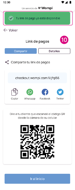 Pantalla de link de pago disponible en Pantalla de opciones de pago en app Nequi Negocio