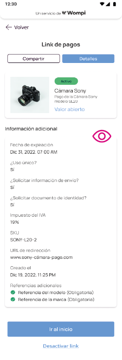 Pantalla con información del link de pago creado en Pantalla de opciones de pago en app Nequi Negocio