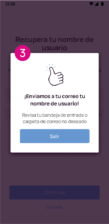 Pantalla enviamos a tu correo tu nombre de usuario app Nequi Negocio.