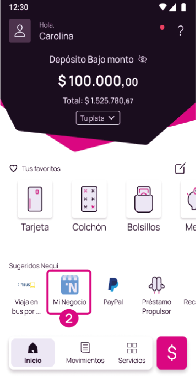 Pantalla inicio opción Mi Negocio en la app Nequi