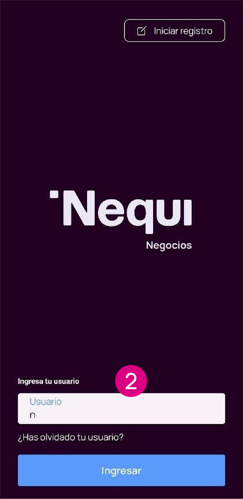 Pantalla de ingreso a la app Nequi Negocios