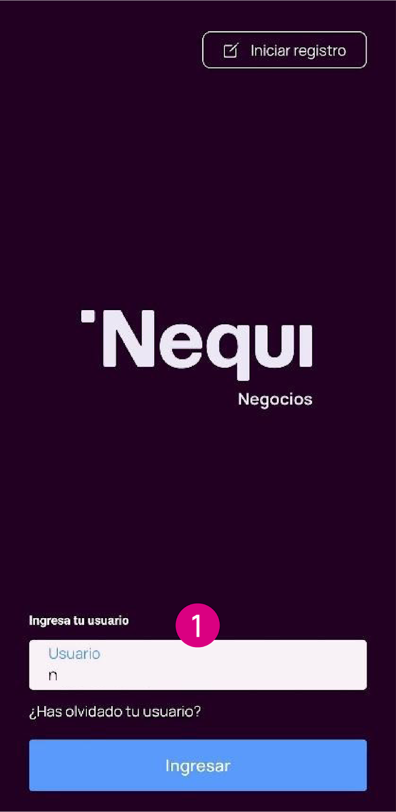 Pantalla de inicio a la app Nequi Negocios
