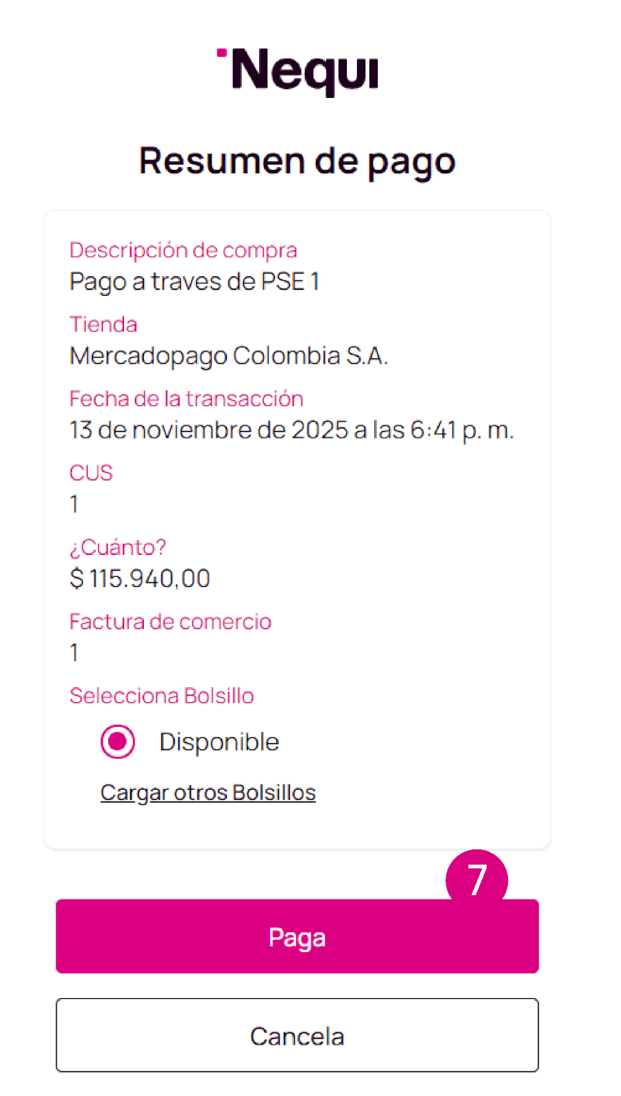 Pantalla resumen de pago en Nequi