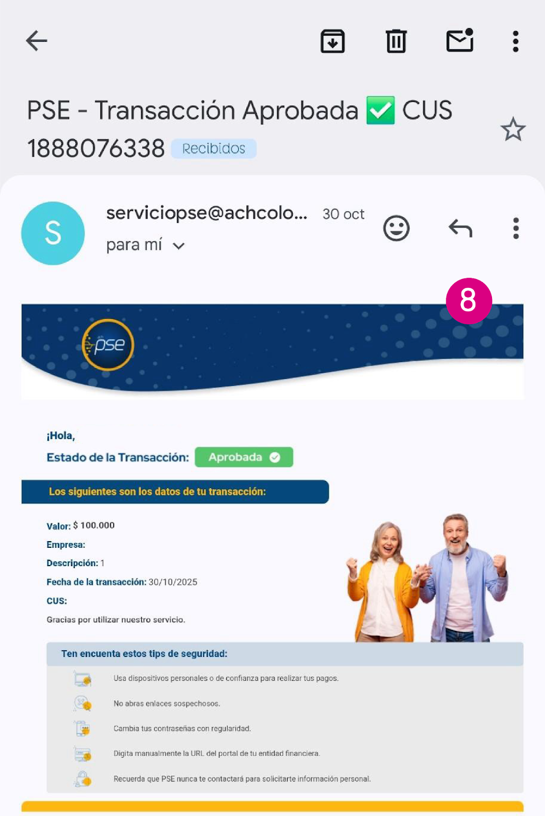 Pantalla de confirmación al correo del pago de PSE en Nequi