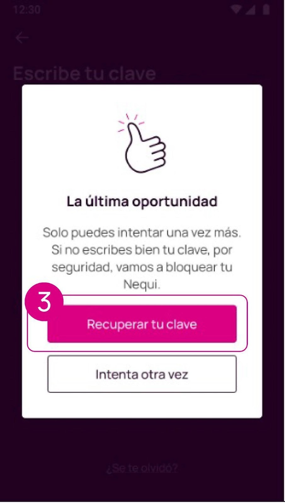 Pantalla de recuperar tu clave en Nequi