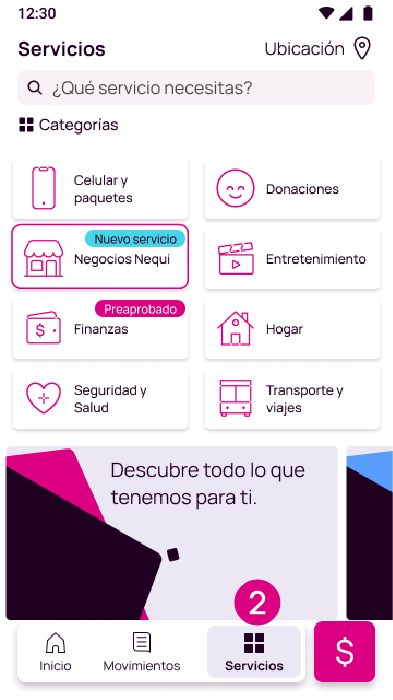 Opción Servicios y Negocios Nequi en la app Nequi