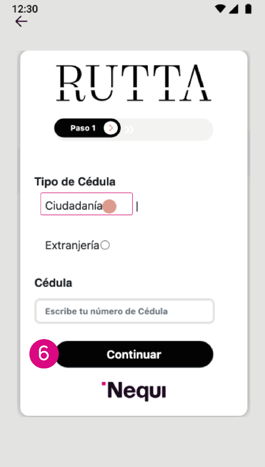 Elige el tipo de documento para pagar factura en la app Nequi